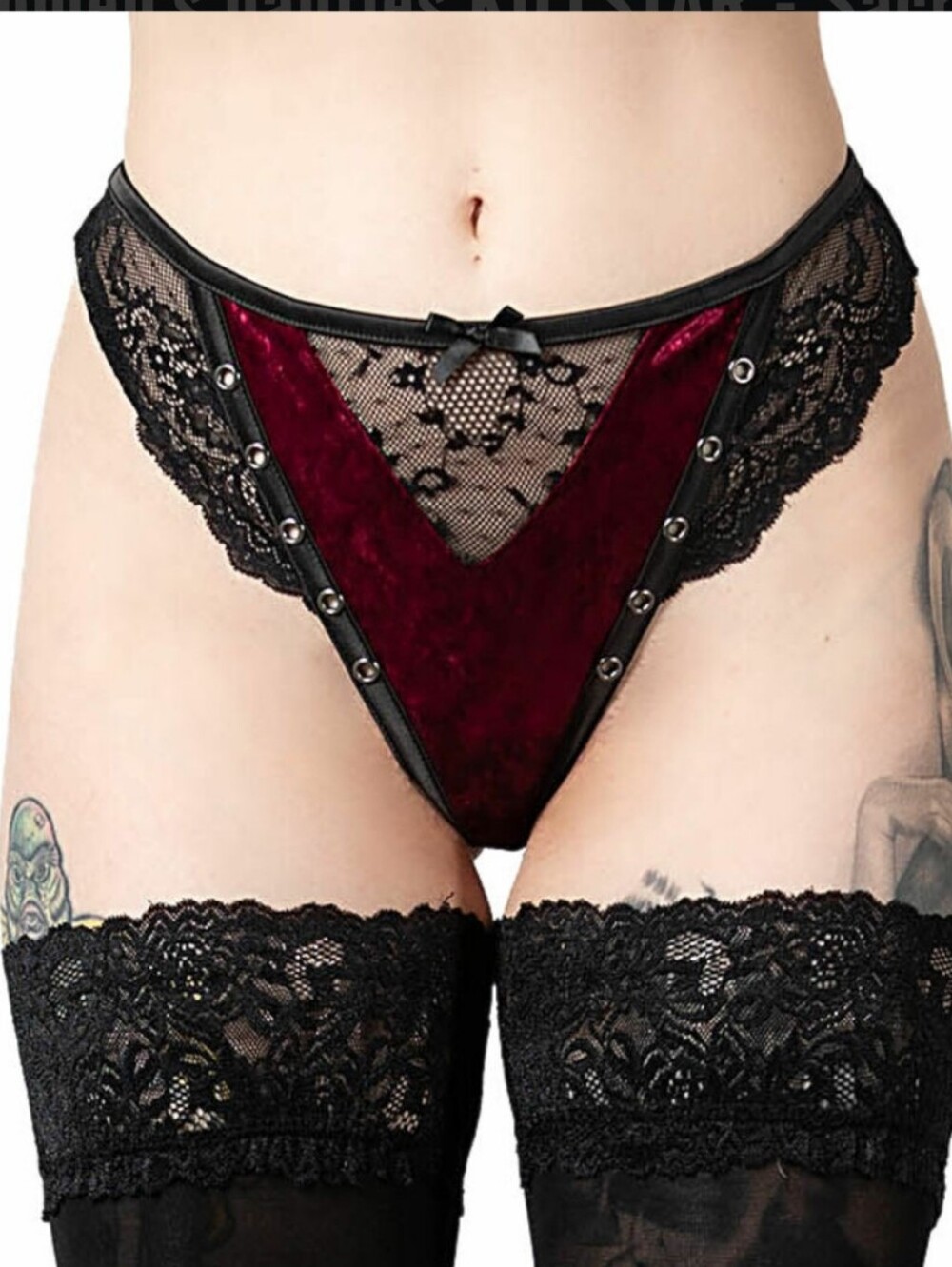 Killstar Velvet & Lace V-Front High-Cut Panty in Black and Burgundy